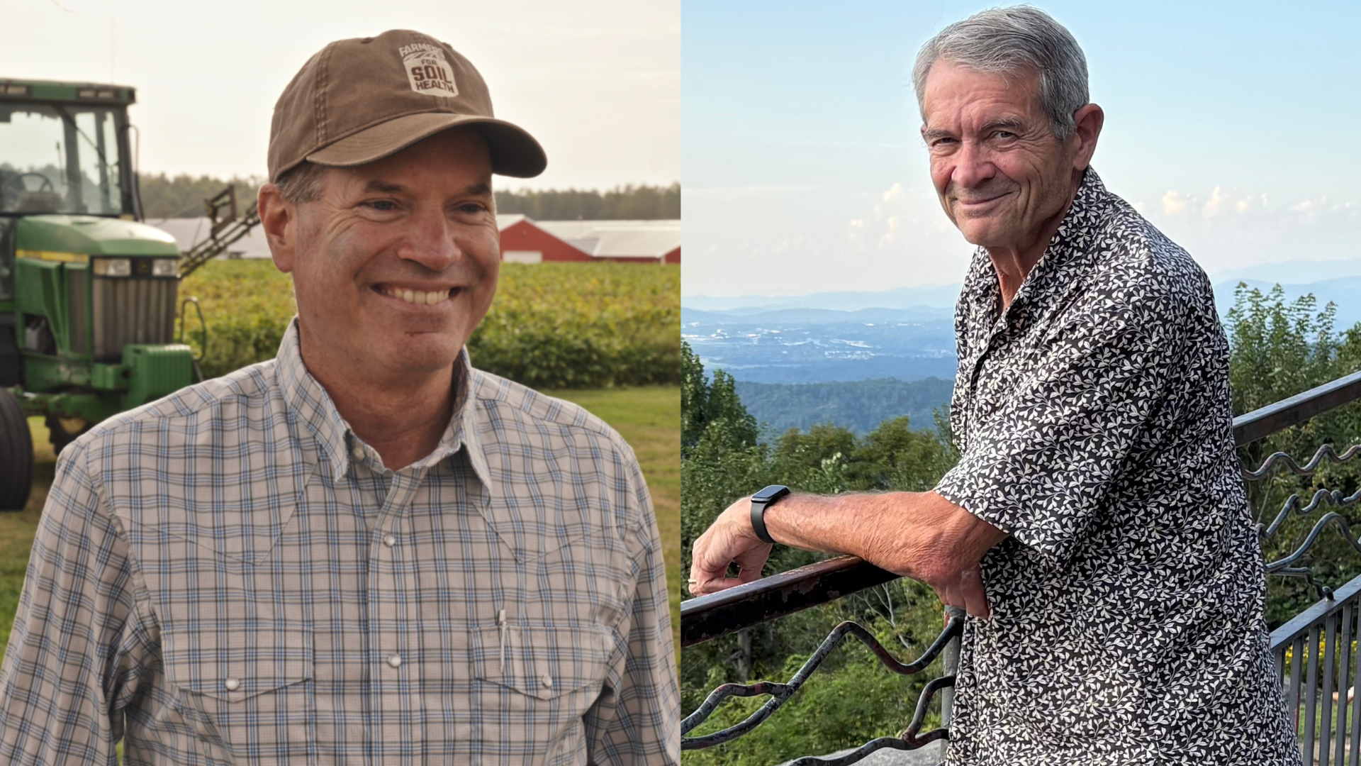 Collage of two photos of two men outdoors