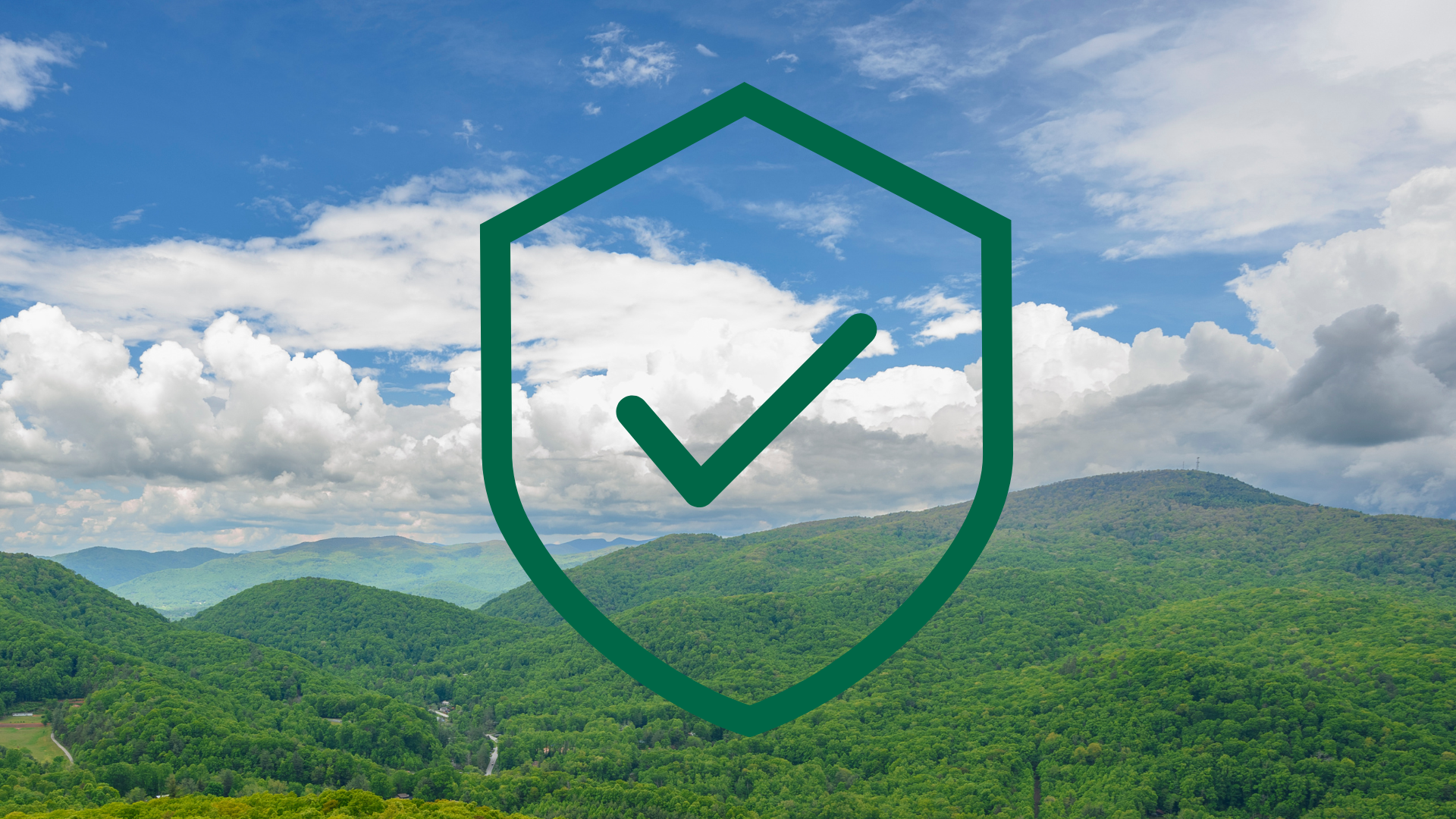 Shield and check mark atop a scenic vista indicating the land is protected